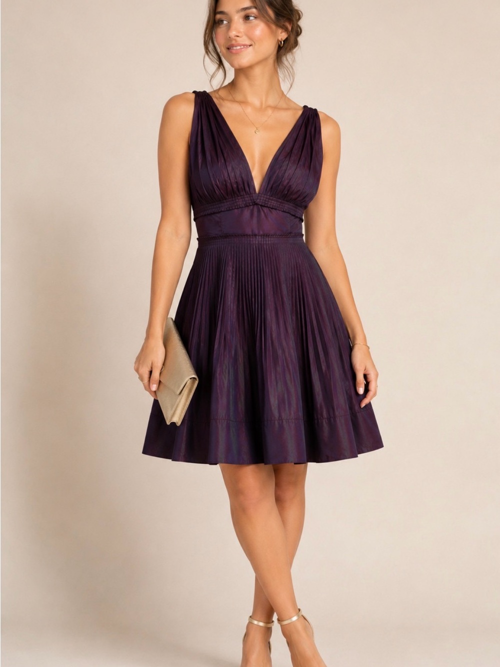 BCBGeneration Iridescent Purple Pleated Taffeta Cocktail Dress Size S Wedding